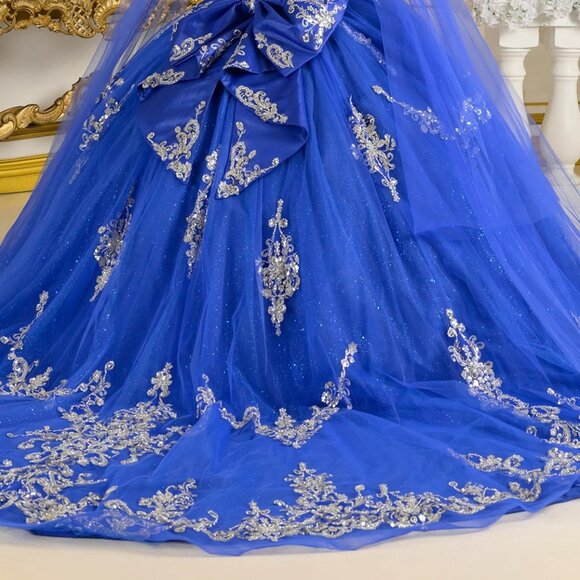 New Royal Blue & Silver Off Shoulder Quinceanera Gown w/ Lace Up Back GL3813 - Picture 14 of 15